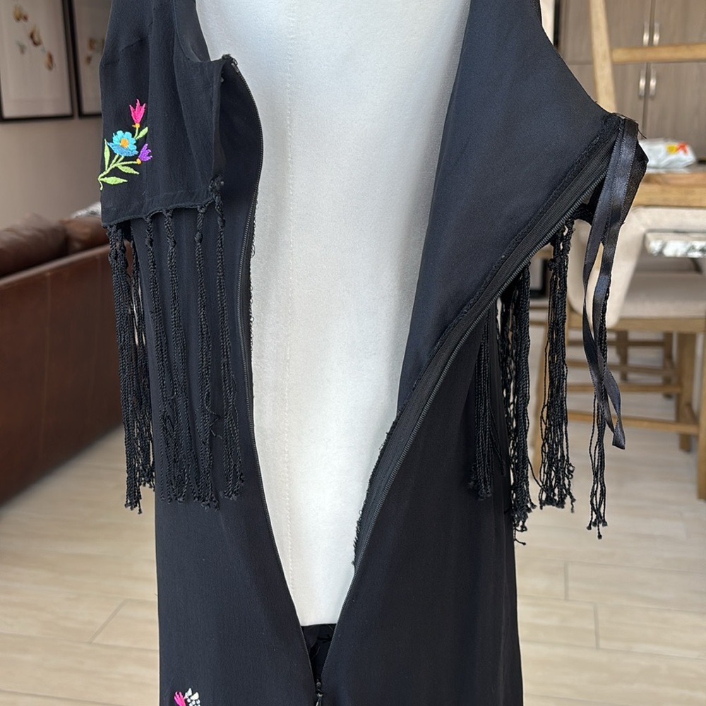 Sue Wong Vintage 90s Embroidered Dress With Fringe Black M - Picture 5 of 6